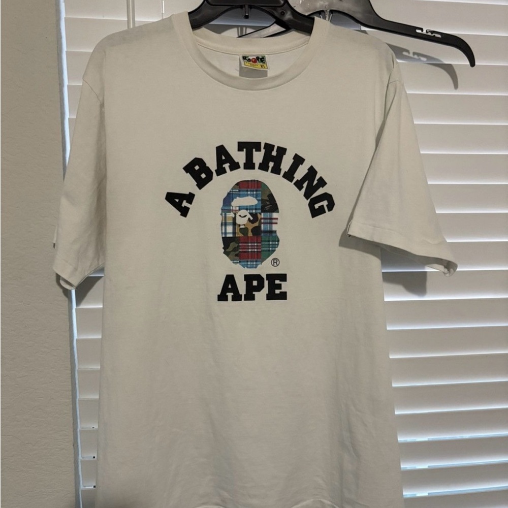 Bape White Short Sleeve Tee with Plaid Logo